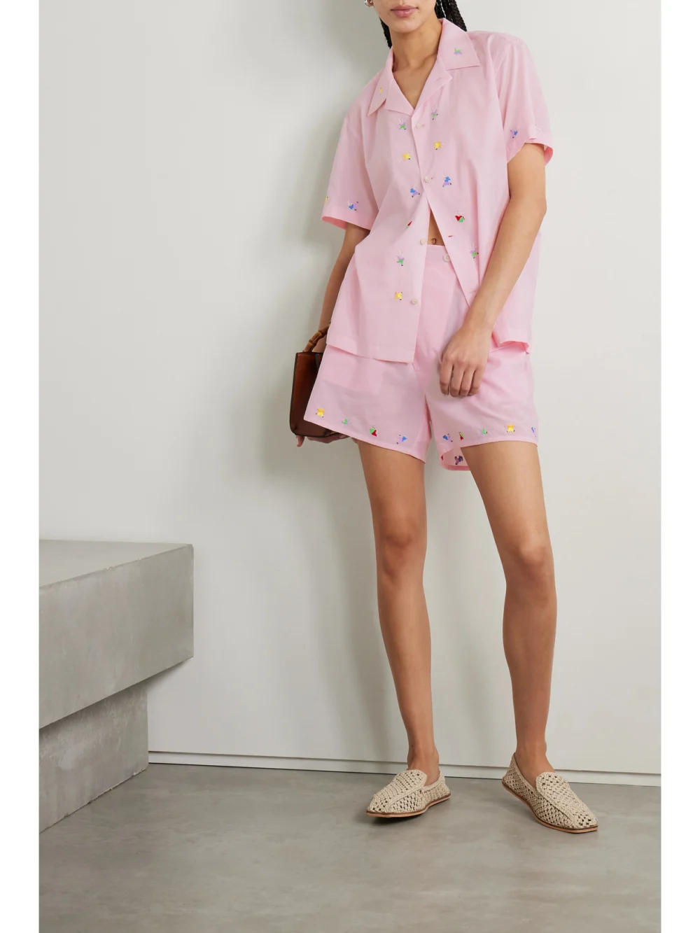 Bode Tumbler Embroidered Cotton-poplin Shorts, worn by a model