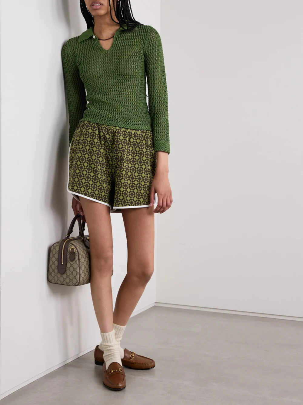 Bode Willows Crocheted Cotton Polo Shirt, worn by a model