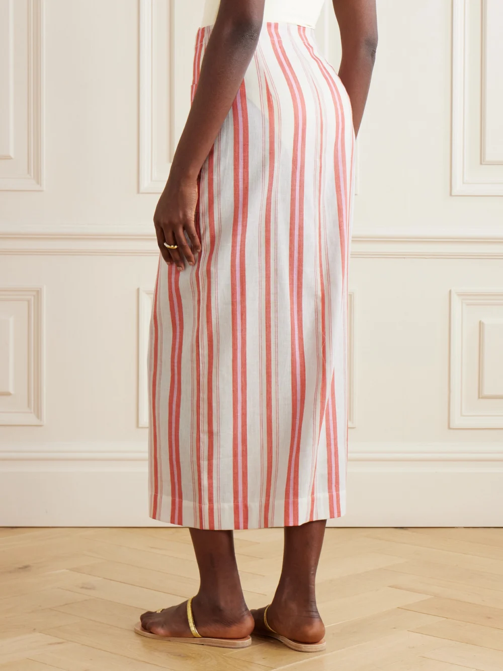 Back view of the Bondi Born Arezzo Striped Organic Linen and Cotton-blend Midi Wrap Skirt