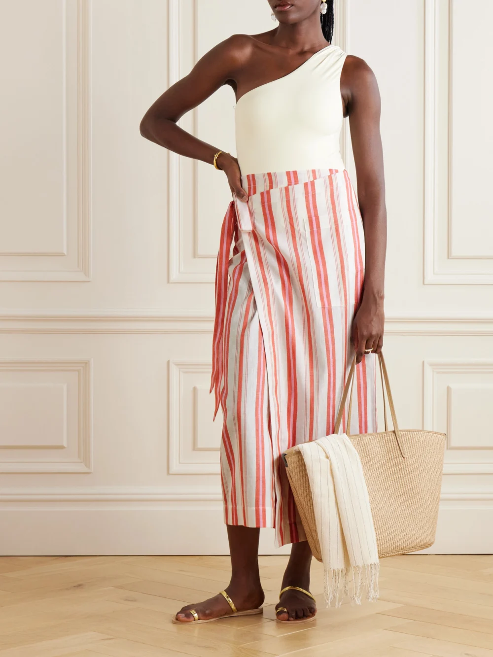 Bondi Born Arezzo Striped Organic Linen and Cotton-blend Midi Wrap Skirt, worn by a model