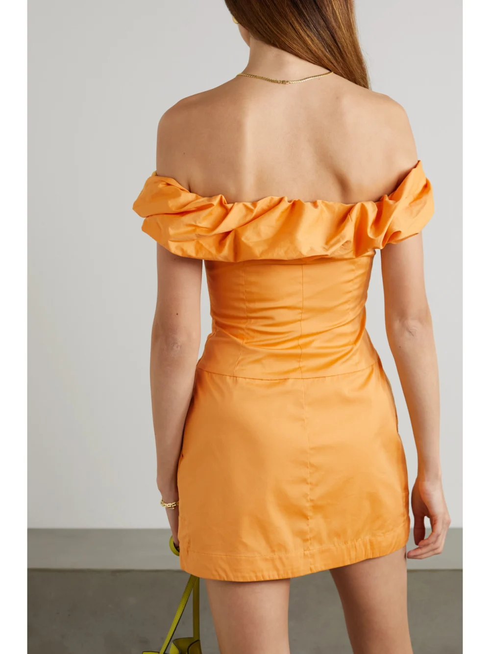 Back view of the Bondi Born Madeira Off-the-shoulder Organic Cotton-blend Poplin Mini Dress
