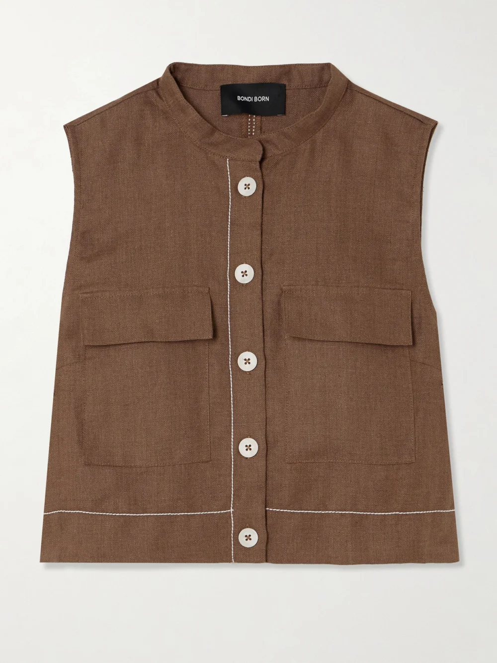 Bondi Born Varenna Cropped Herringbone Organic Linen Vest in chocolate