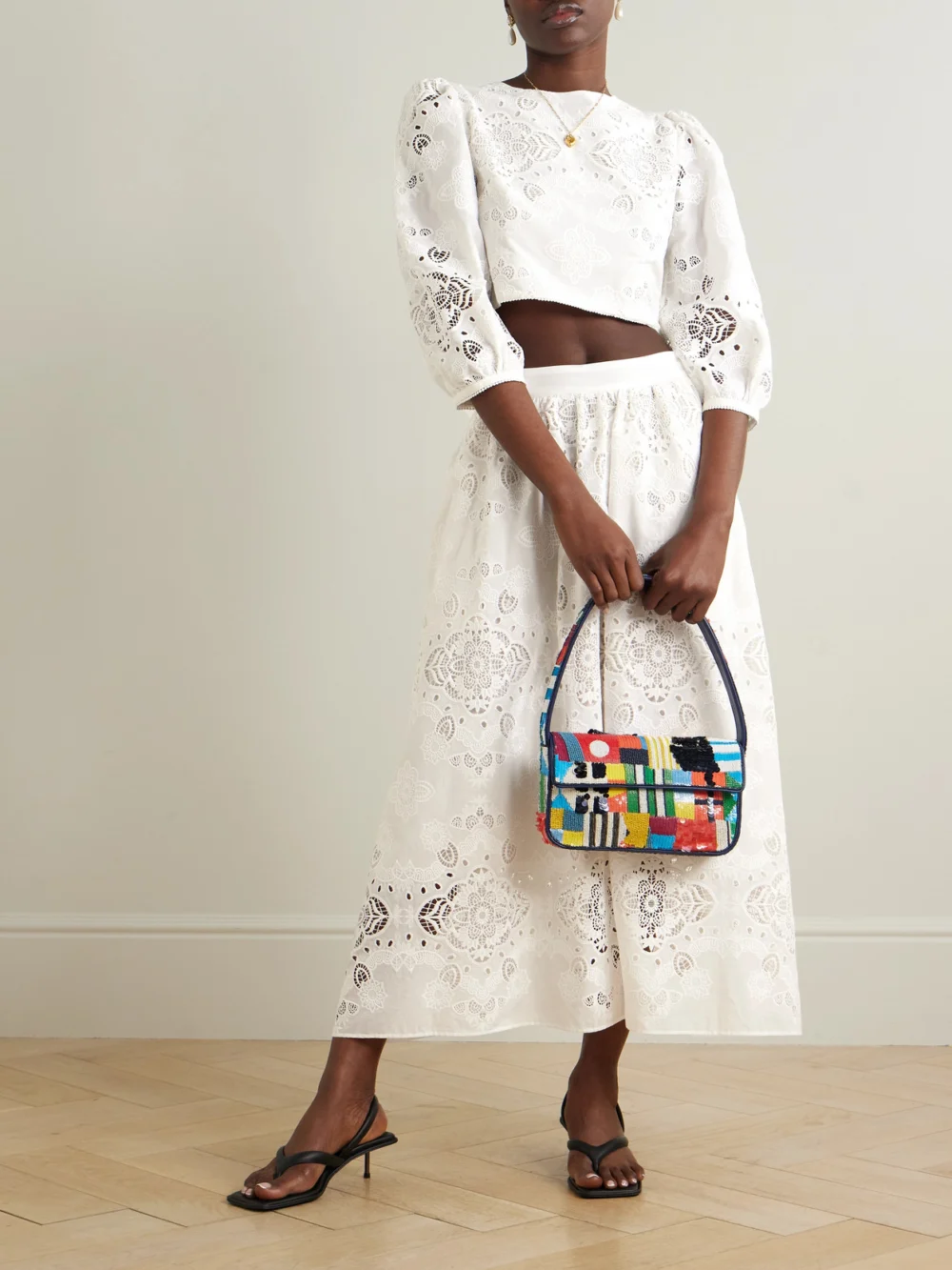 Borgo de Nor Alfie Cropped Broderie Anglaise Poplin Top, worn by a model