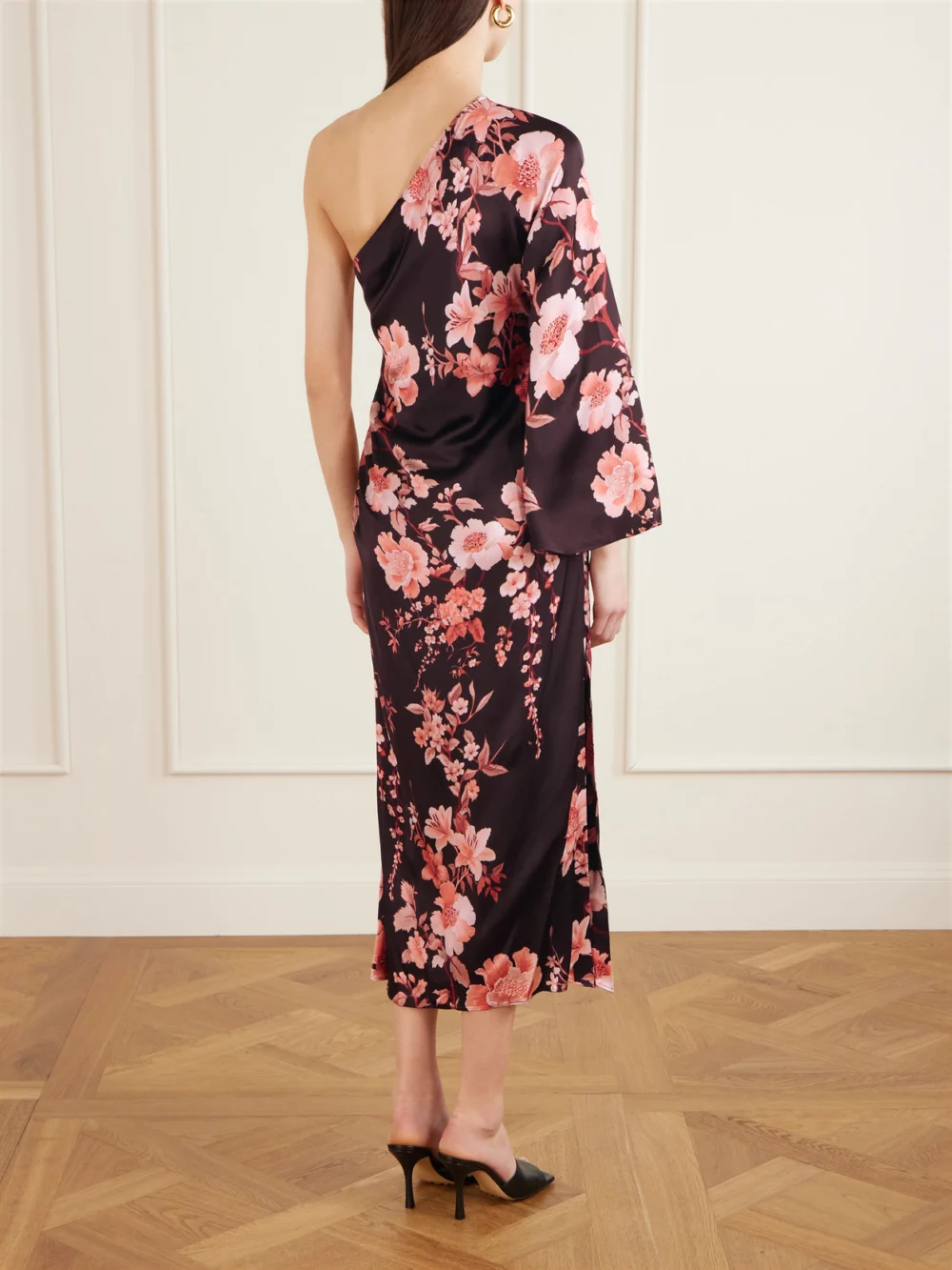 Back view of the Borgo de Nor Atlantis One-sleeve Embellished Printed Satin Midi Dress