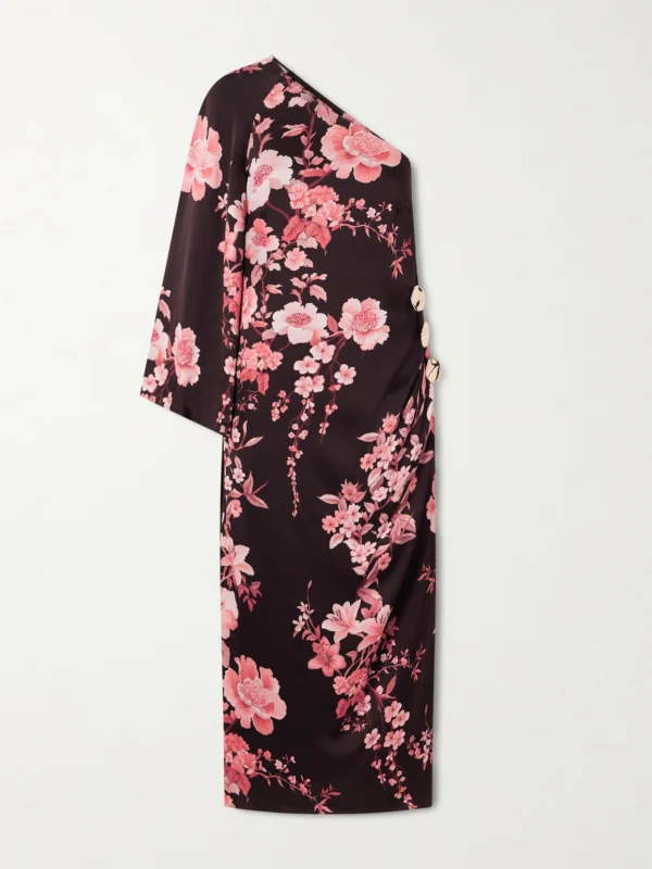 Borgo de Nor Atlantis One-sleeve Embellished Printed Satin Midi Dress