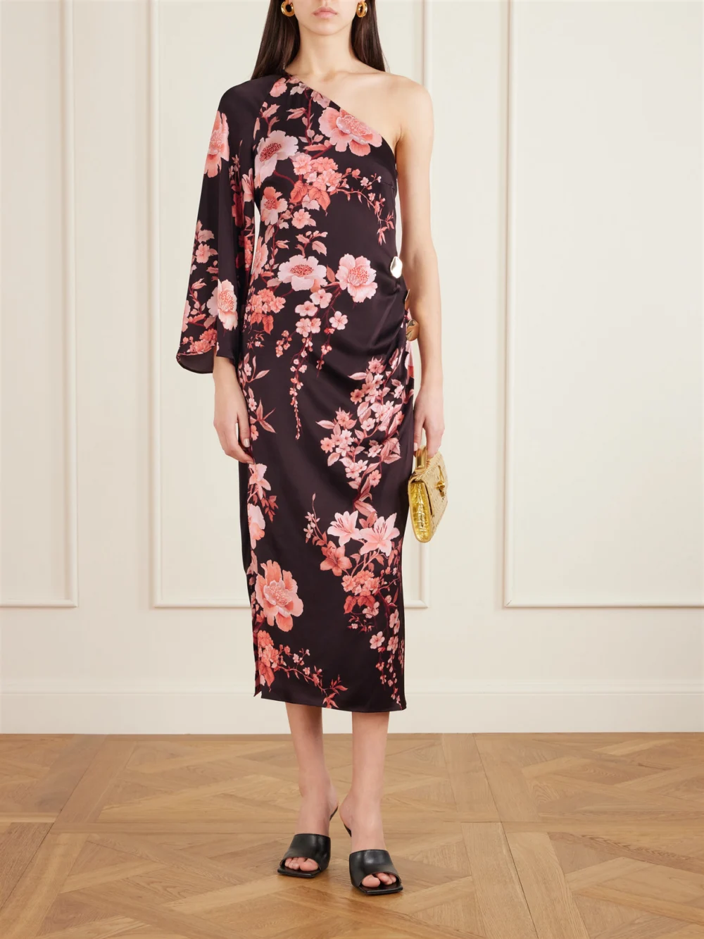 Borgo de Nor Atlantis One-sleeve Embellished Printed Satin Midi Dress, worn by a model