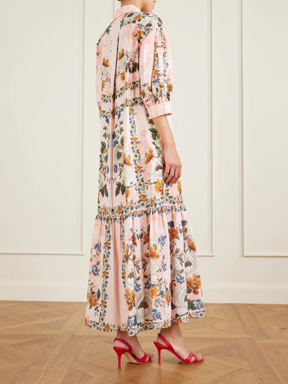 Back view of the Borgo de Nor Bianca Belted Printed Linen and Cotton-blend Midi Dress