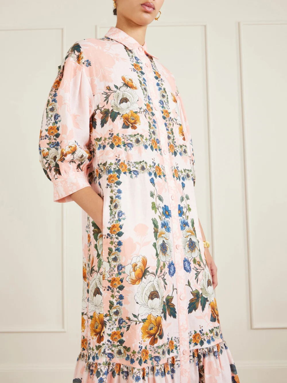 Close-up detail of the Borgo de Nor Bianca Belted Printed Linen and Cotton-blend Midi Dress