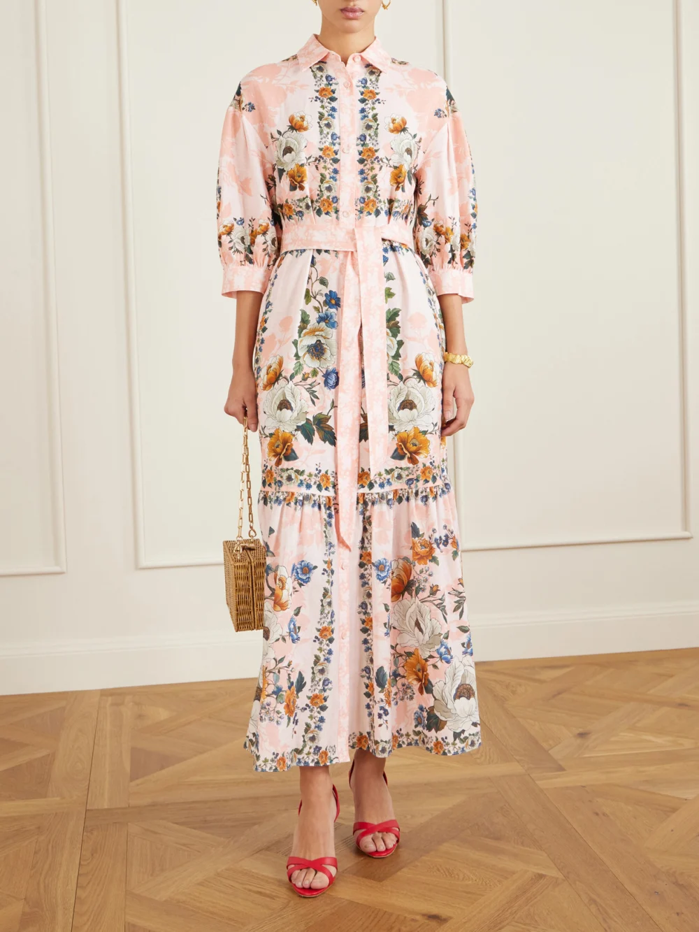 Borgo de Nor Bianca Belted Printed Linen and Cotton-blend Midi Dress, worn by a model