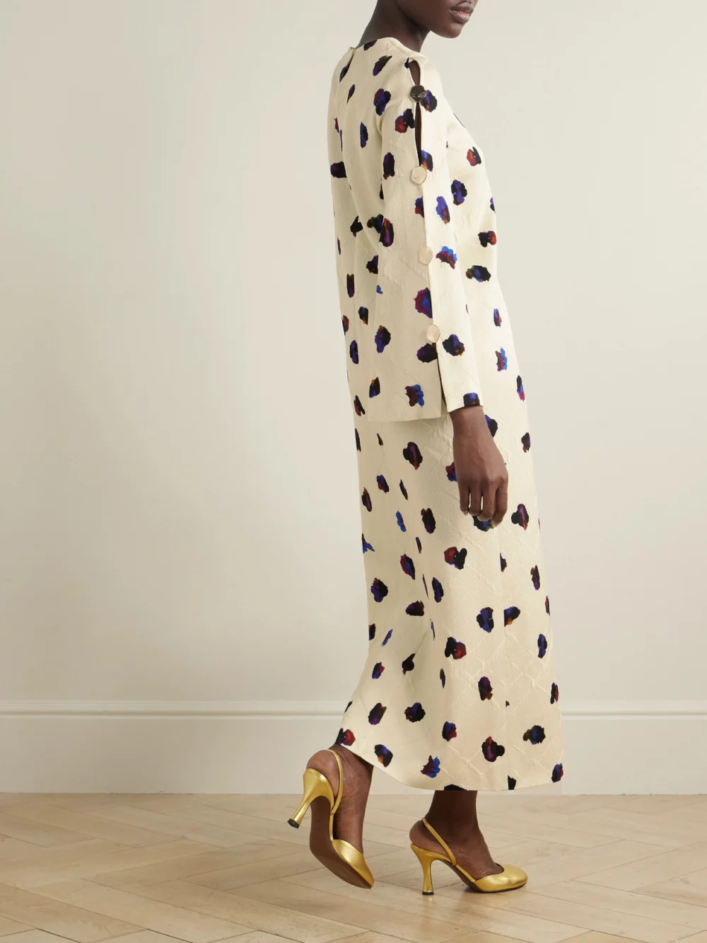 Back view of the Borgo de Nor Brunetta Embellished Floral-print Cotton-blend Brocade Maxi Dress