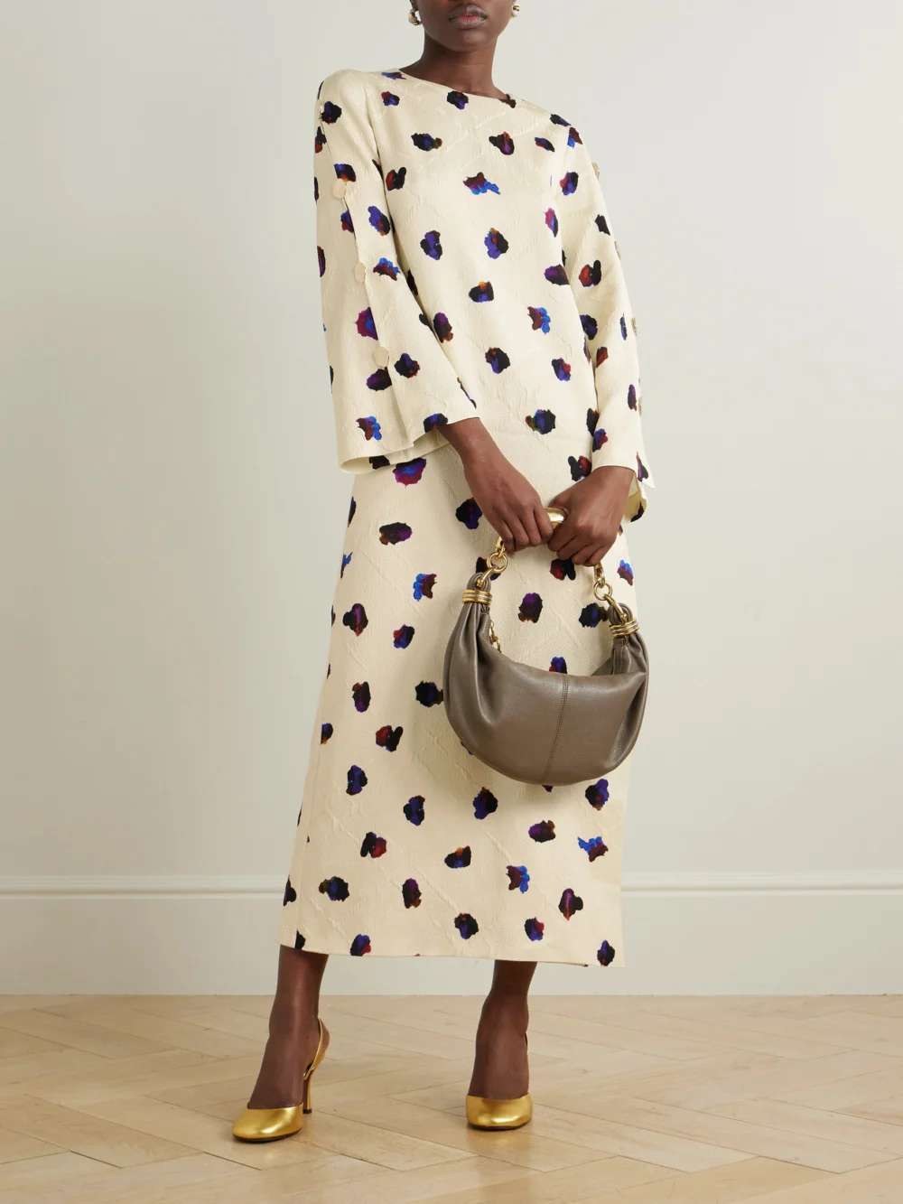Borgo de Nor Brunetta Embellished Floral-print Cotton-blend Brocade Maxi Dress, worn by a model