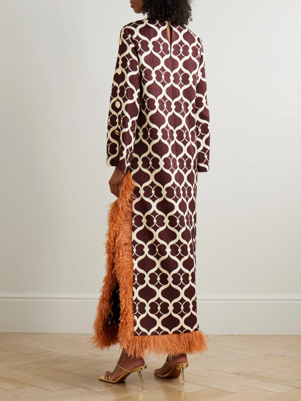 Back view of the Borgo de Nor Brunetta Feather-trimmed Cotton-blend Jacquard Maxi Dress