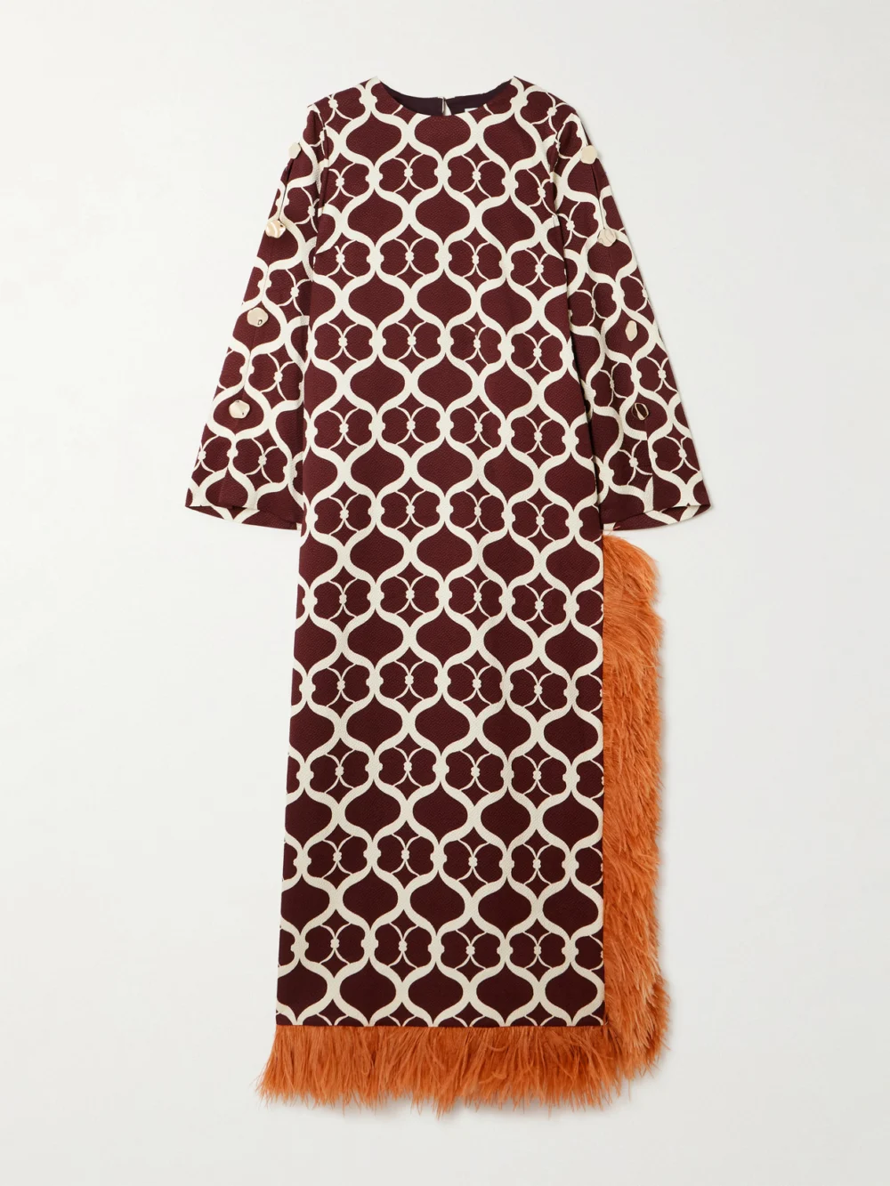Borgo de Nor Brunetta Feather-trimmed Cotton-blend Jacquard Maxi Dress in brown