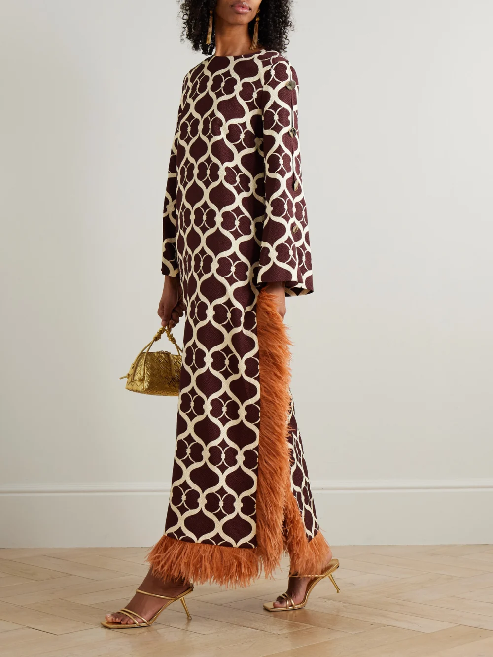Borgo de Nor Brunetta Feather-trimmed Cotton-blend Jacquard Maxi Dress, worn by a model