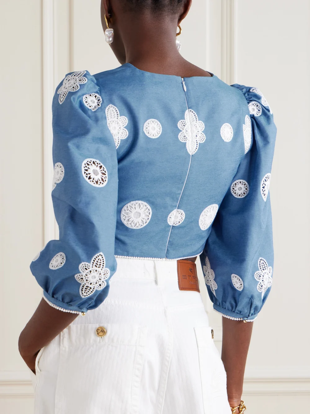 Back view of the Borgo de Nor Crocheted Lace-trimmed Chambray Top