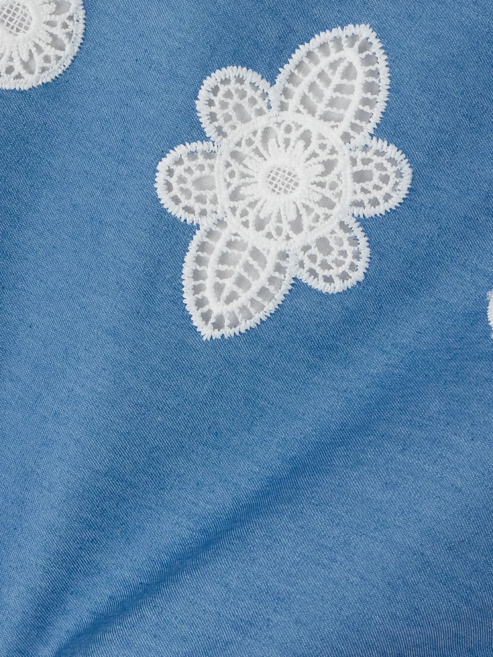 Close-up detail of the Borgo de Nor Crocheted Lace-trimmed Chambray Top