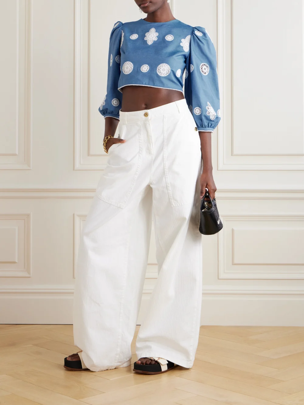 Borgo de Nor Crocheted Lace-trimmed Chambray Top, worn by a model