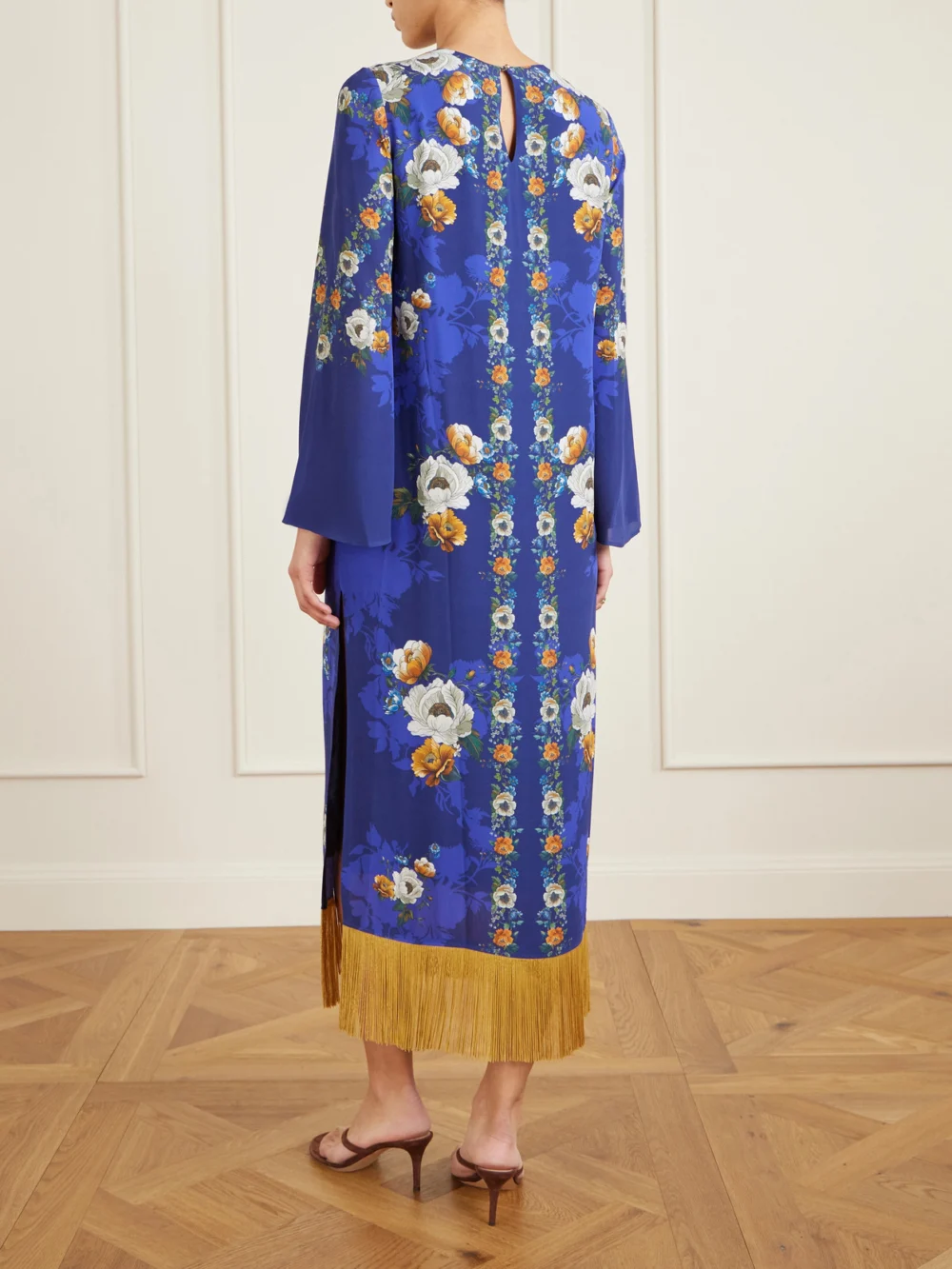 Back view of the Borgo de Nor Fringed Floral-print Satin-crepe Maxi Dress