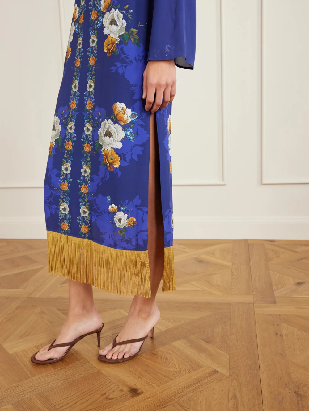 Close-up detail of the Borgo de Nor Fringed Floral-print Satin-crepe Maxi Dress