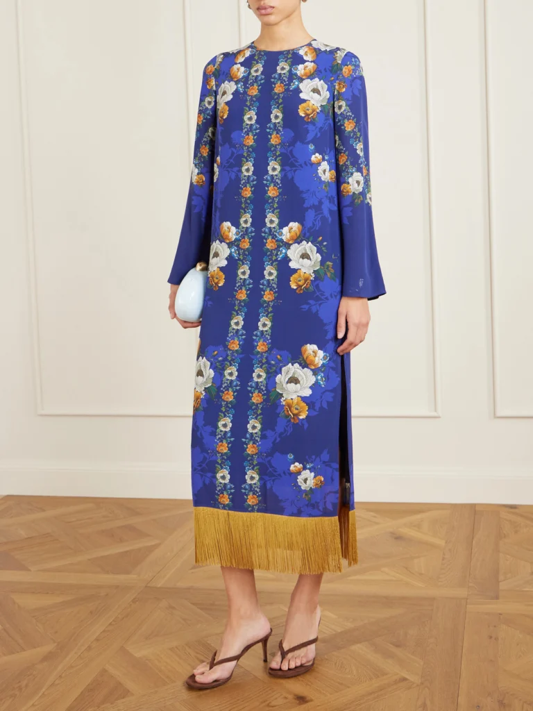 Borgo de Nor Fringed Floral-print Satin-crepe Maxi Dress