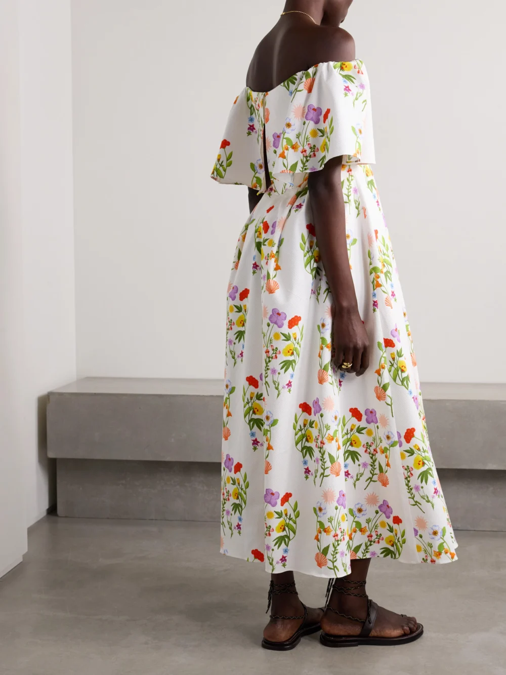 Back view of the Borgo de Nor Gracie Off-the-shoulder Pleated Printed Cotton-blend Piqué Dress