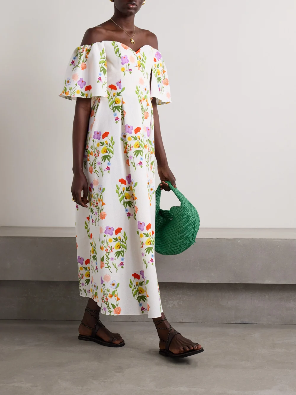 Borgo de Nor Gracie Off-the-shoulder Pleated Printed Cotton-blend Piqué Dress, worn by a model