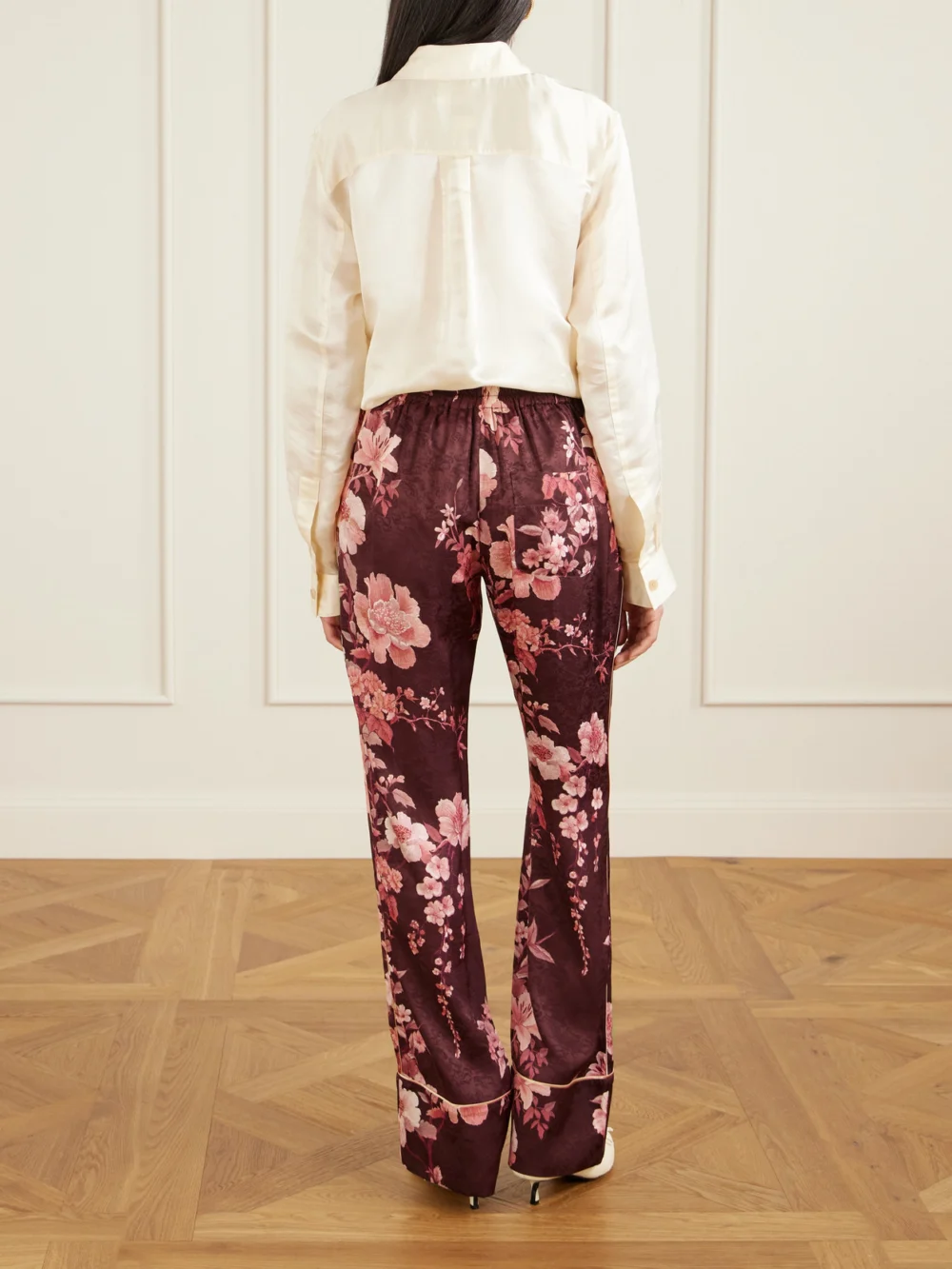 Back view of the Borgo de Nor Havana Floral-print Satin-trimmed Crepe De Chine Jacquard Pants