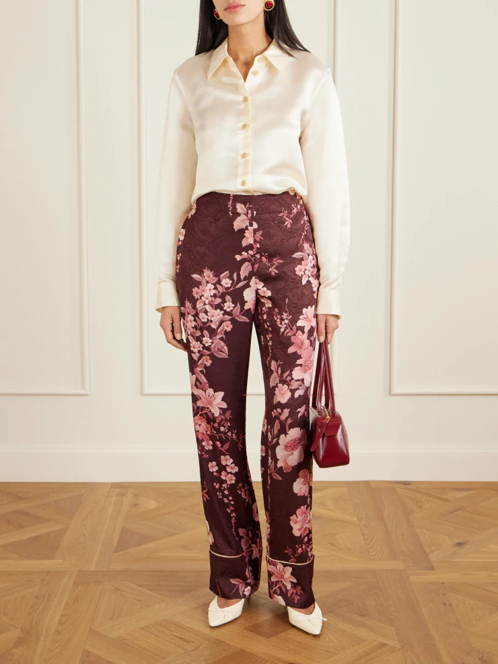Borgo de Nor Havana Floral-print Satin-trimmed Crepe De Chine Jacquard Pants, worn by a model