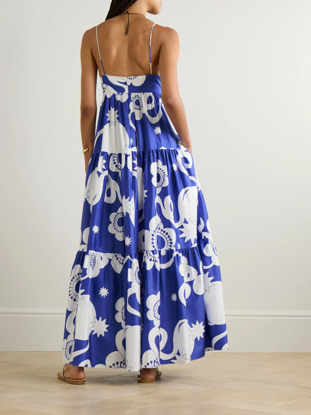 Back view of the Borgo de Nor Merle Tiered Floral-print Cotton-poplin Maxi Dress
