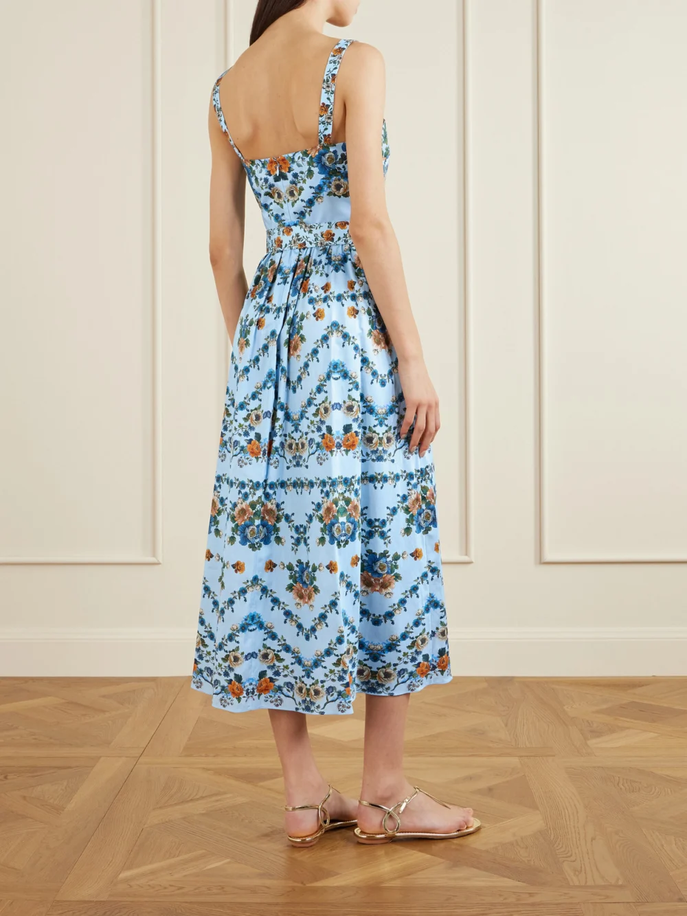 Back view of the Borgo de Nor Ninet Belted Floral-print Cotton-poplin Midi Dress