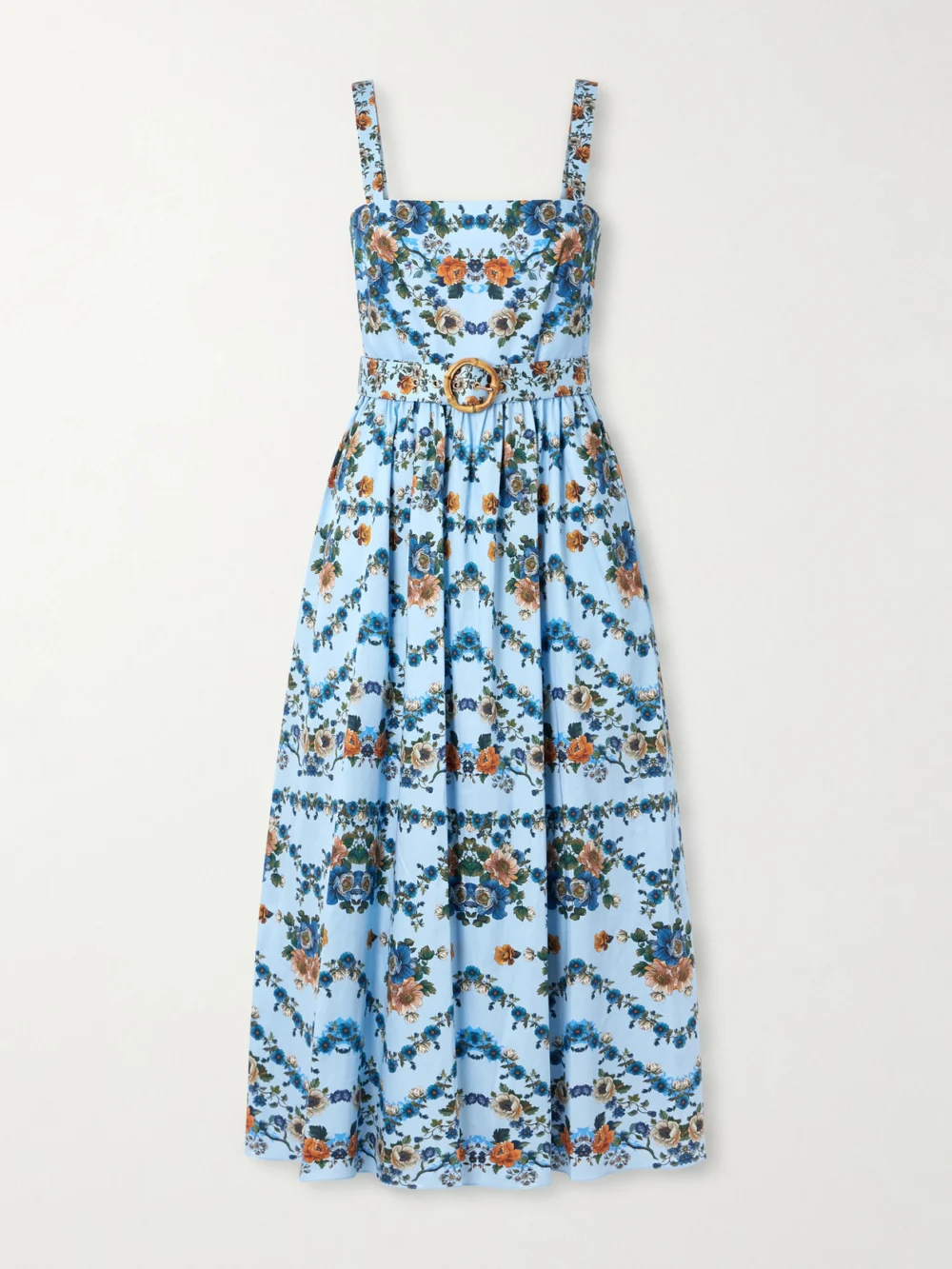 Borgo de Nor Ninet Belted Floral-print Cotton-poplin Midi Dress in blue