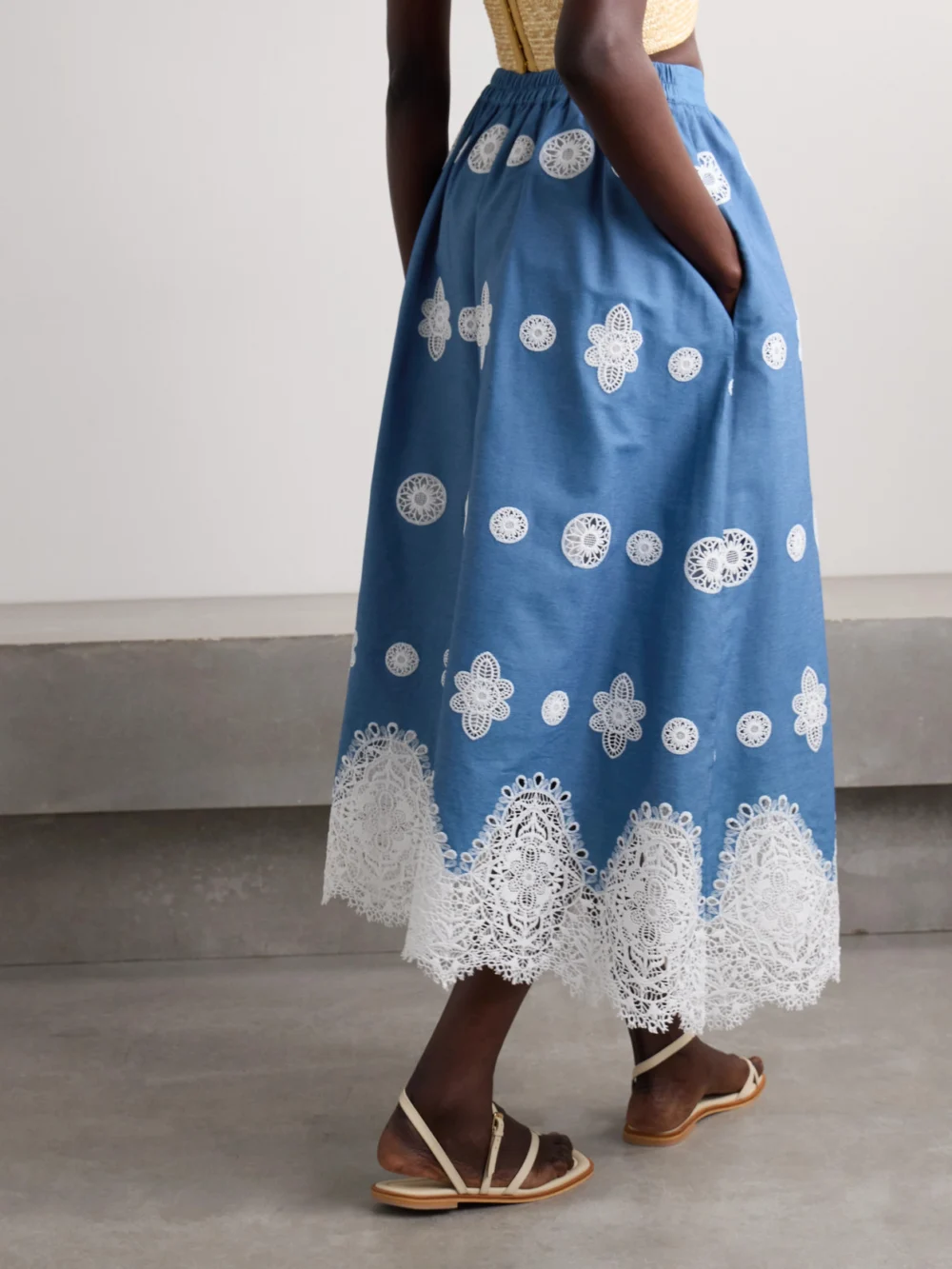 Back view of the Borgo de Nor Rhea Crocheted Lace-trimmed Chambray Midi Skirt