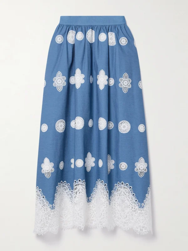 Borgo de Nor Rhea Crocheted Lace-trimmed Chambray Midi Skirt