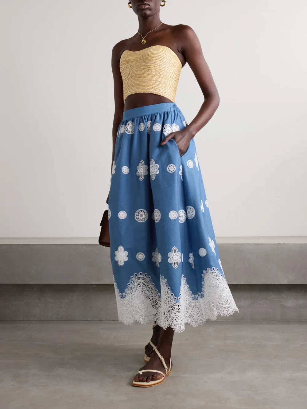 Borgo de Nor Rhea Crocheted Lace-trimmed Chambray Midi Skirt, worn by a model