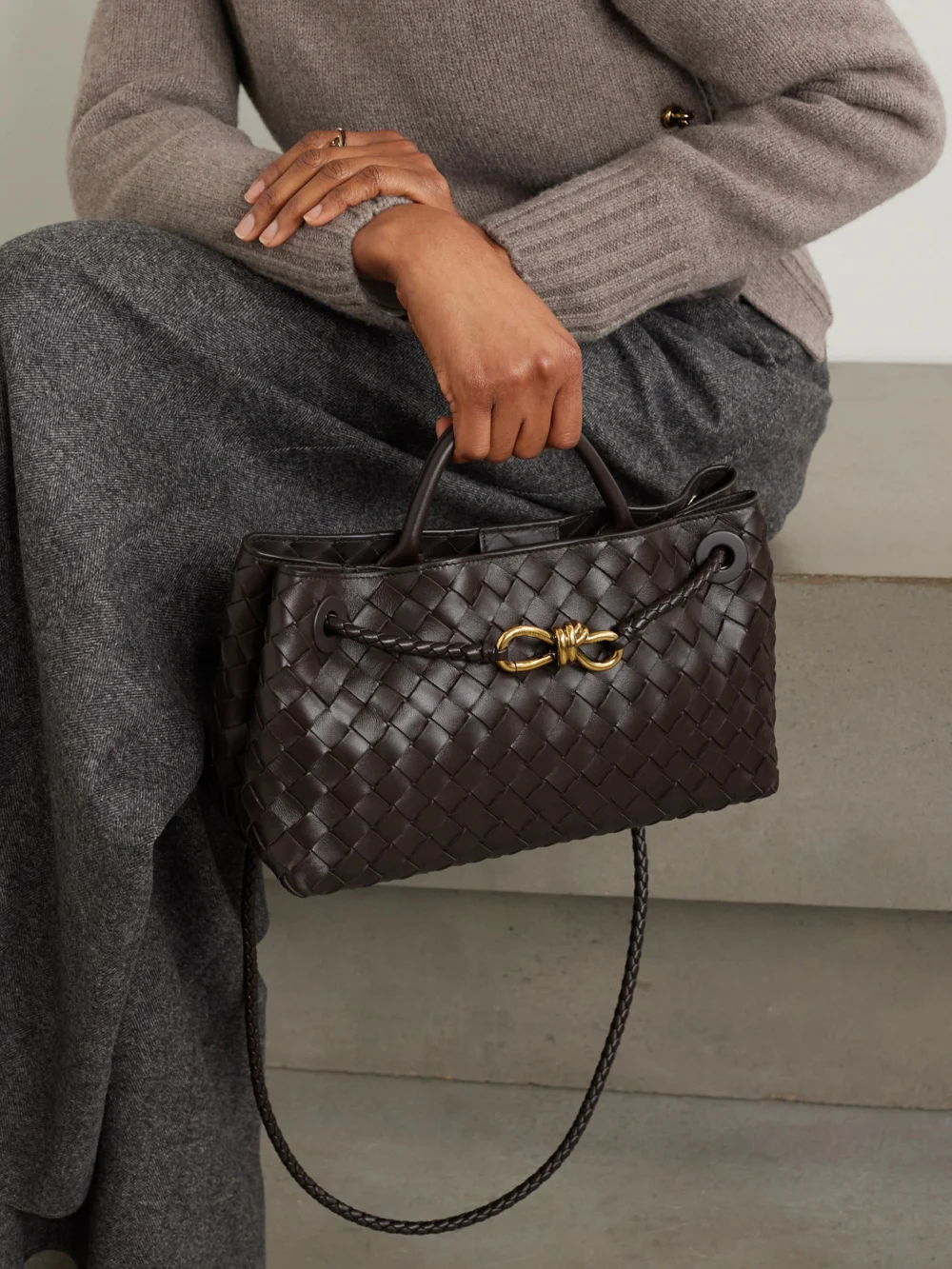 Bottega Veneta Andiamo East-west Small Intrecciato Leather Top-handle Bag, styled view