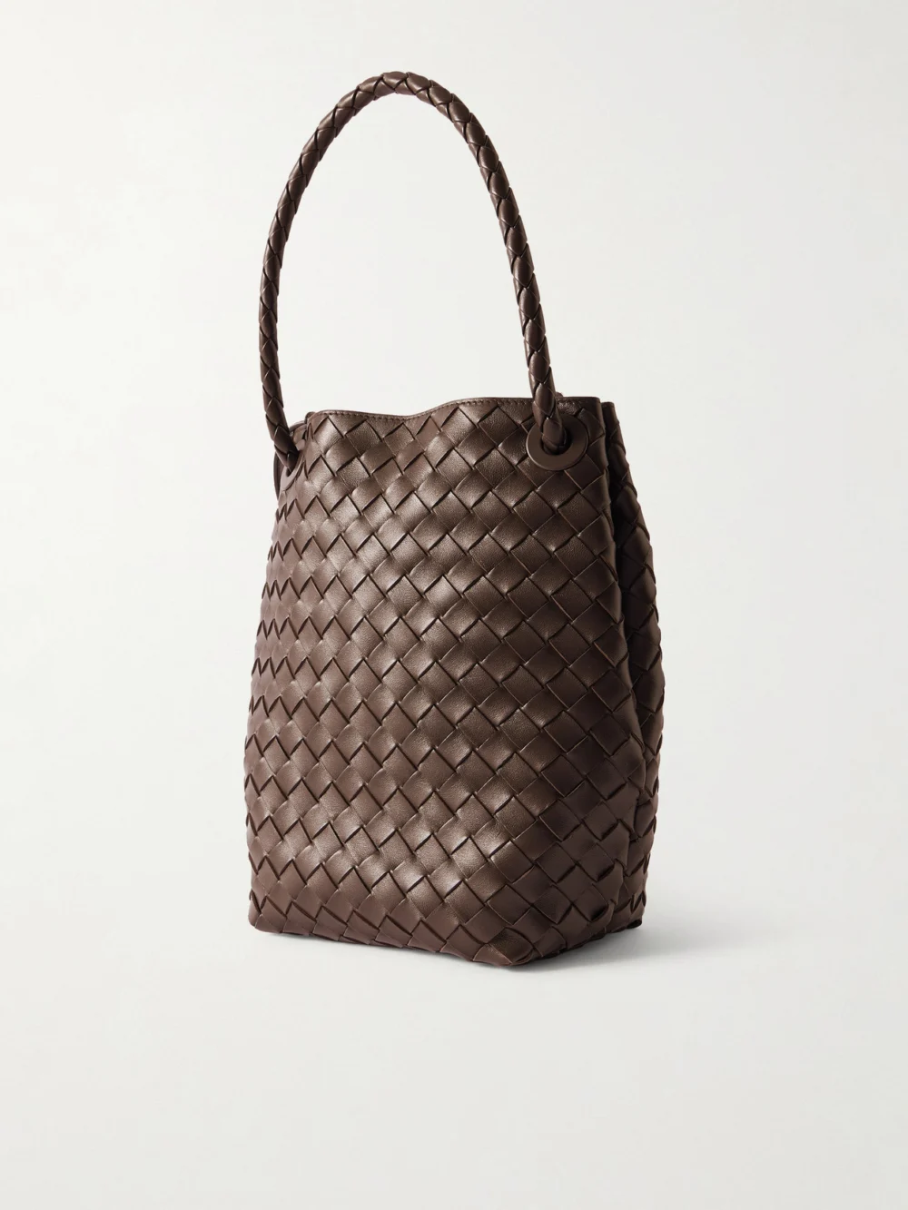 Back view of the Bottega Veneta Andiamo Intrecciato Leather Bucket Bag