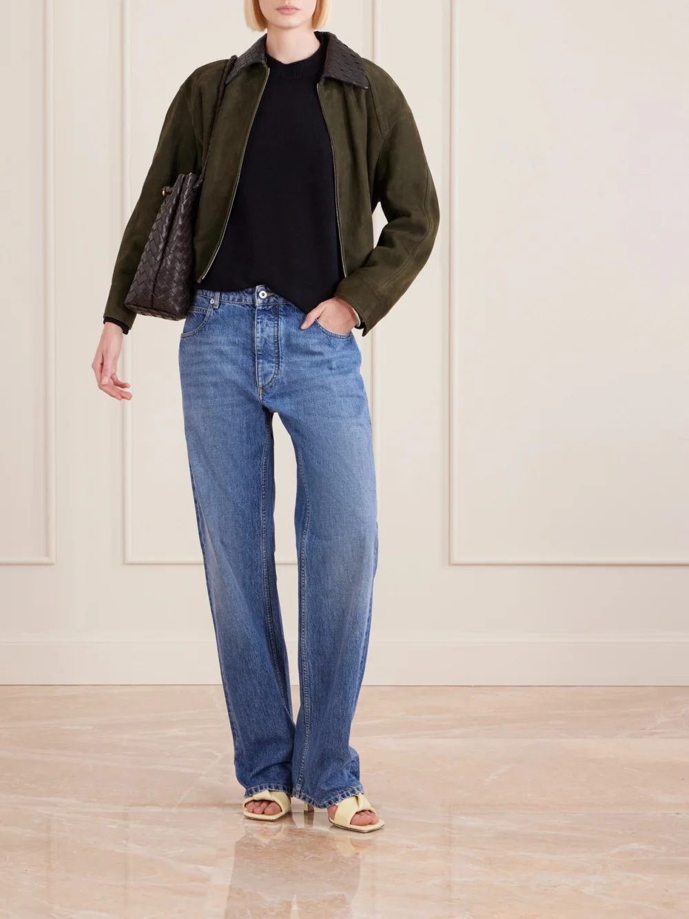 Bottega Veneta Andiamo Intrecciato Leather Bucket Bag, styled view