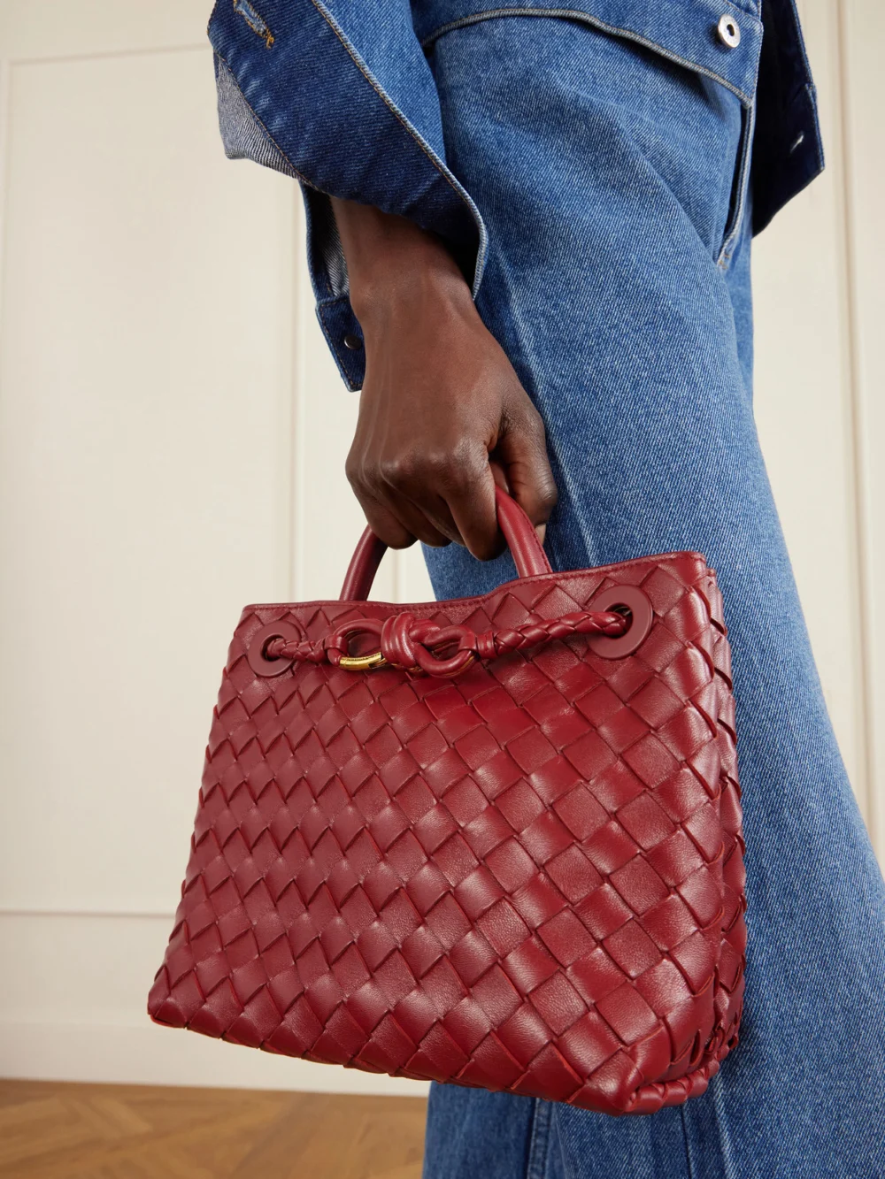 Bottega Veneta Andiamo Intrecciato Leather Tote, styled view