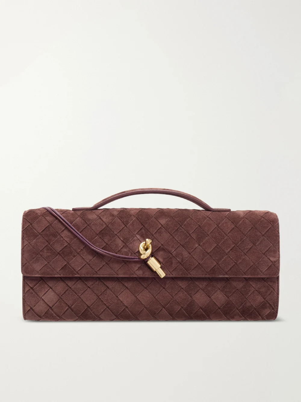 Bottega Veneta Andiamo Intrecciato Suede Clutch in dark brown