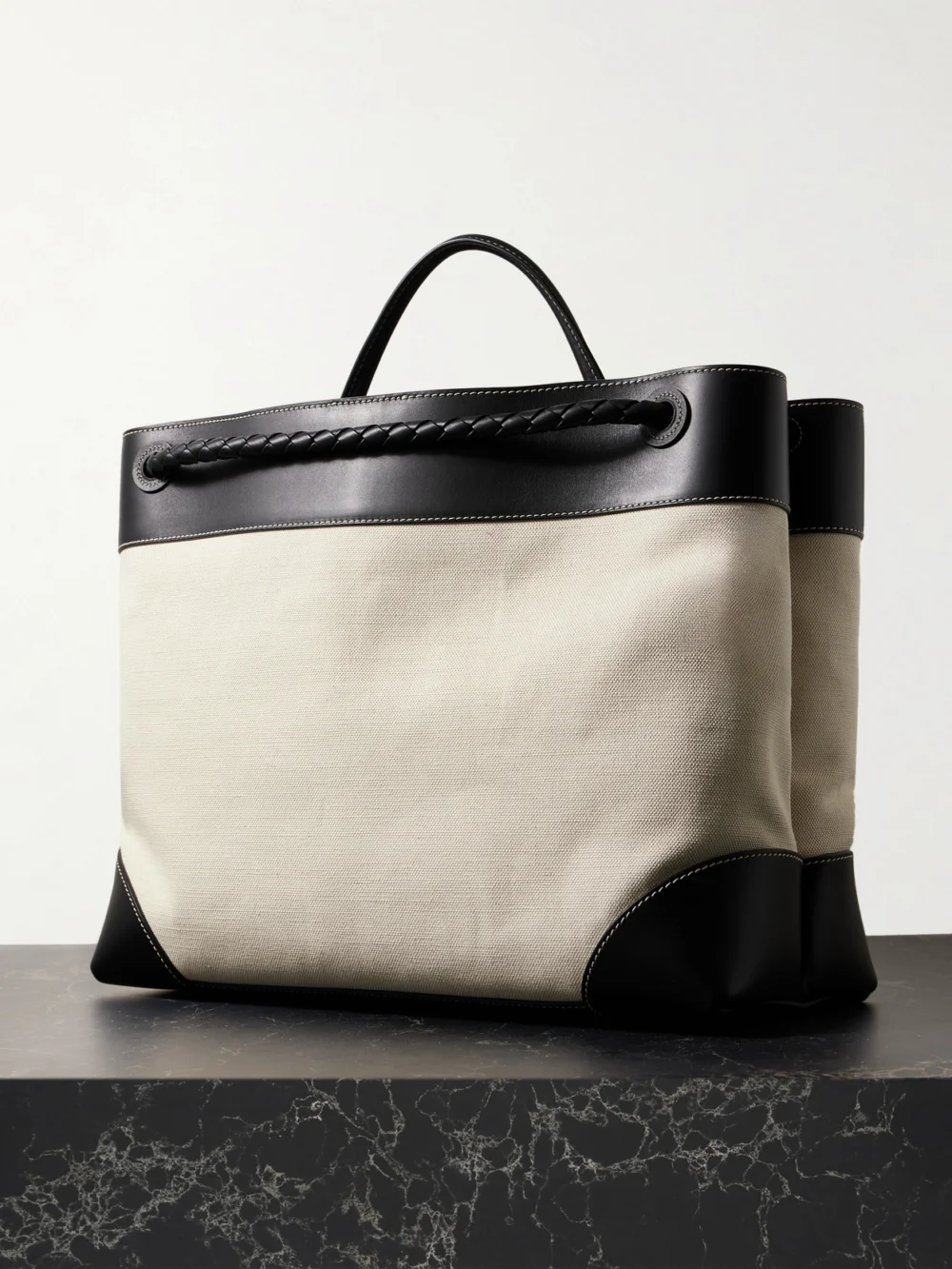 Back view of the Bottega Veneta Andiamo Large Embellished Leather-trimmed Canvas Tote