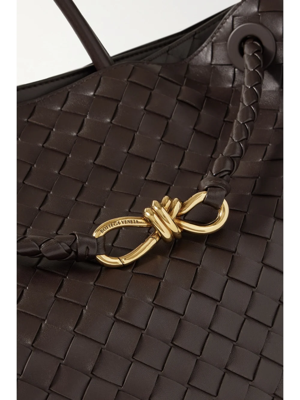 Close-up detail of the Bottega Veneta Andiamo Large Intrecciato Leather Top-handle Bag