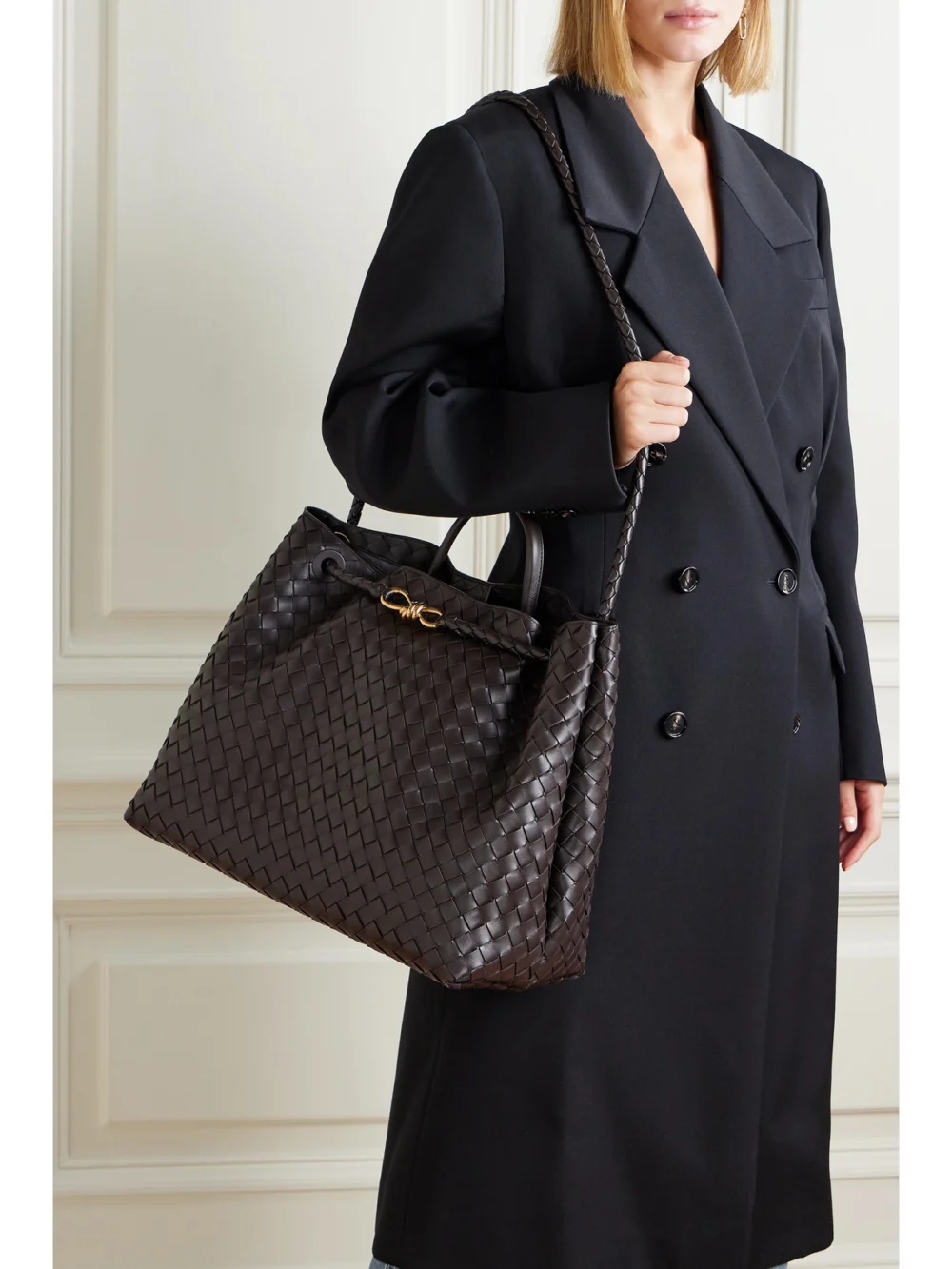 Bottega Veneta Andiamo Large Intrecciato Leather Top-handle Bag, styled view