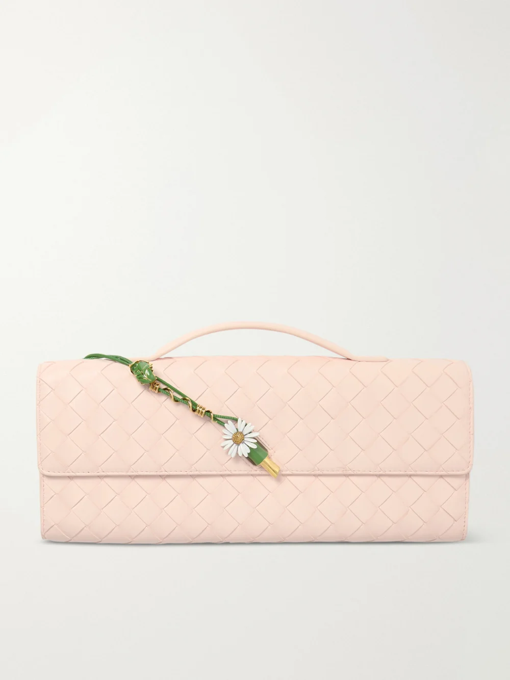 Bottega Veneta Andiamo Long Embellished Intrecciato Leather Clutch in baby pink