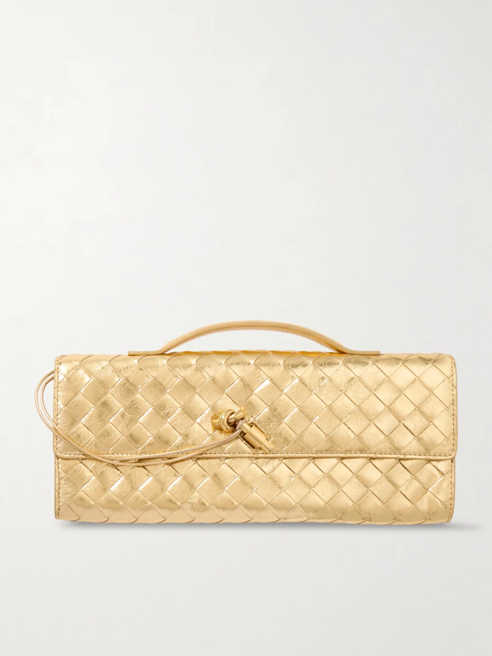 Bottega Veneta Andiamo Long Intrecciato Metallic Leather Clutch in gold