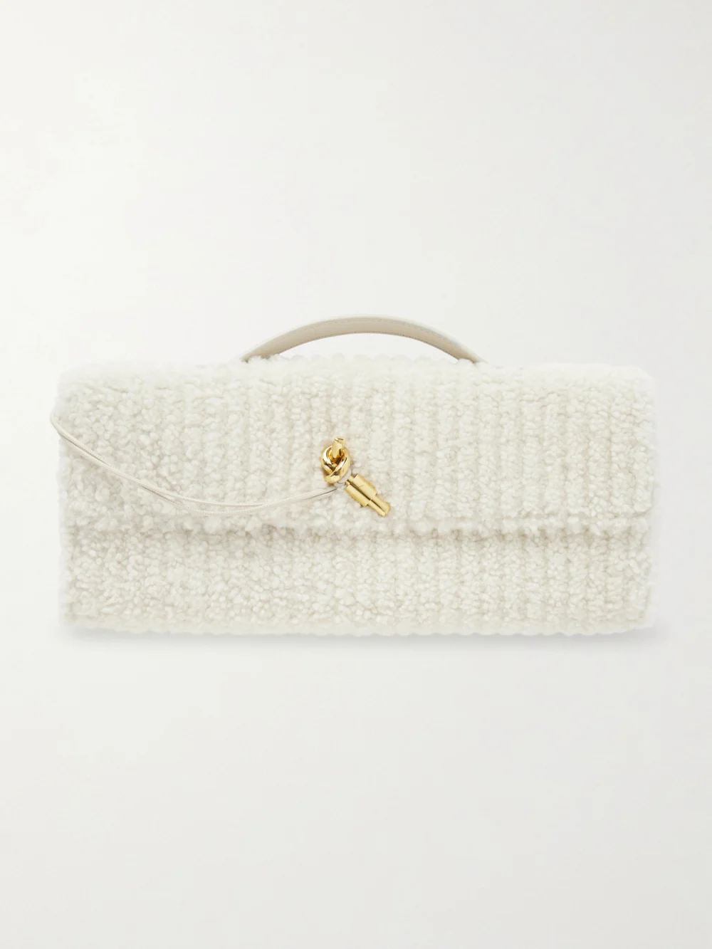 Bottega Veneta Andiamo Long Leather-trimmed Ribbed Bouclé Clutch in off-white