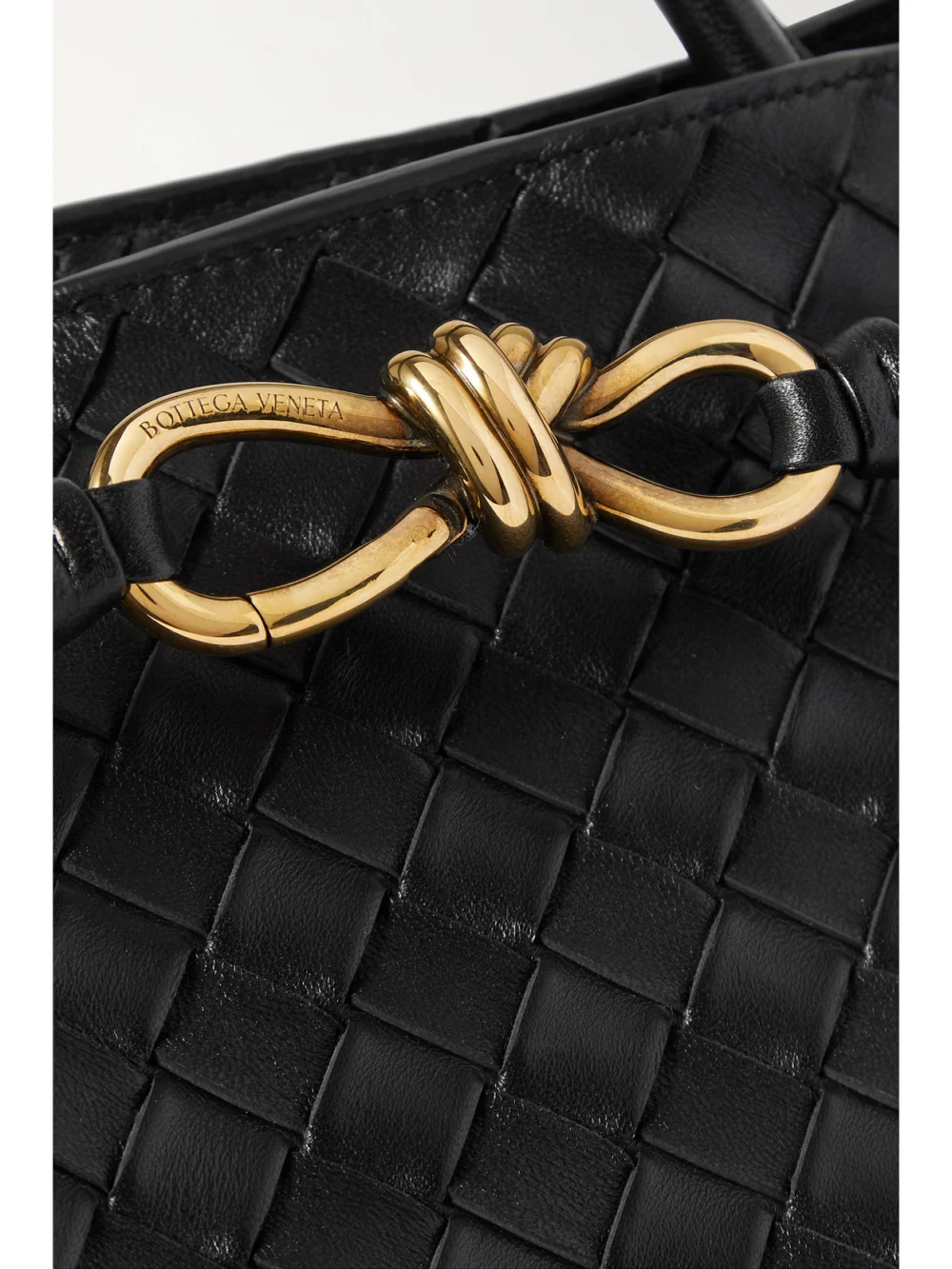 Close-up detail of the Bottega Veneta Andiamo Medium Intrecciato Leather Top-handle Bag
