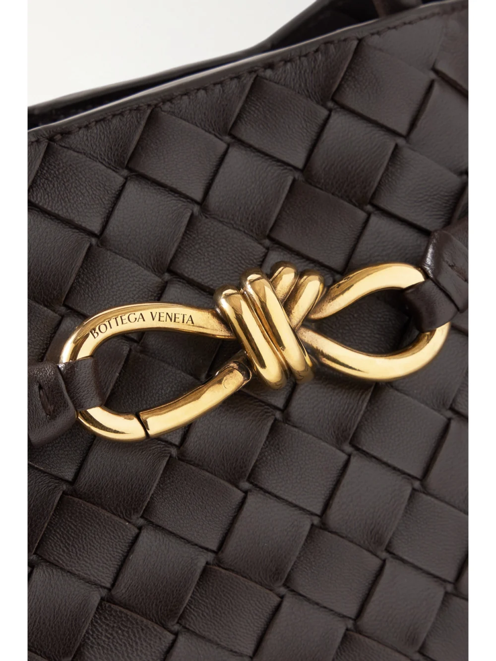 Close-up detail of the Bottega Veneta Andiamo Medium Intrecciato Leather Top-handle Bag
