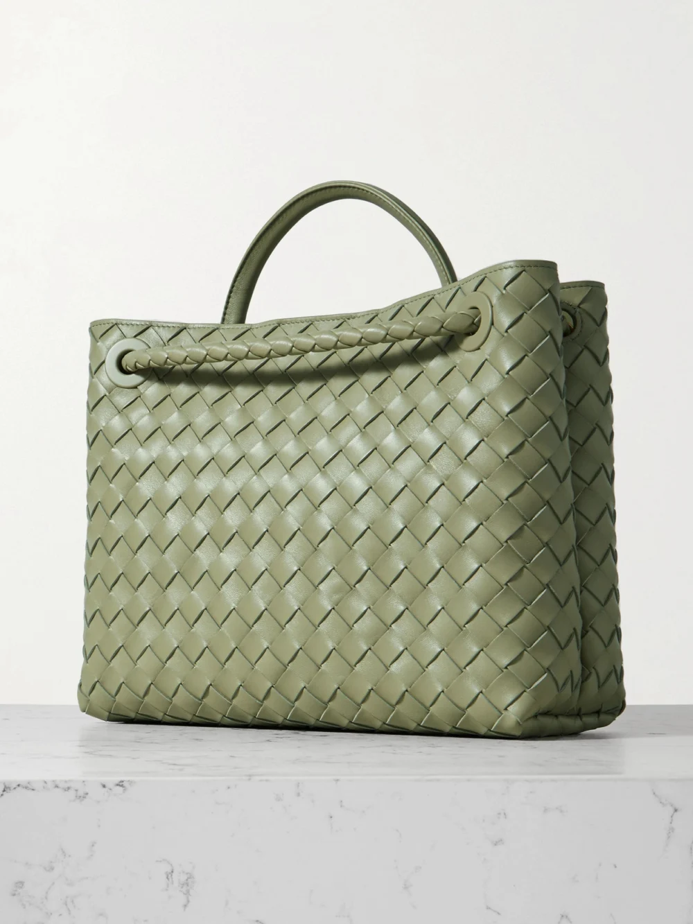 Back view of the Bottega Veneta Andiamo Medium Intrecciato Leather Top-handle Bag