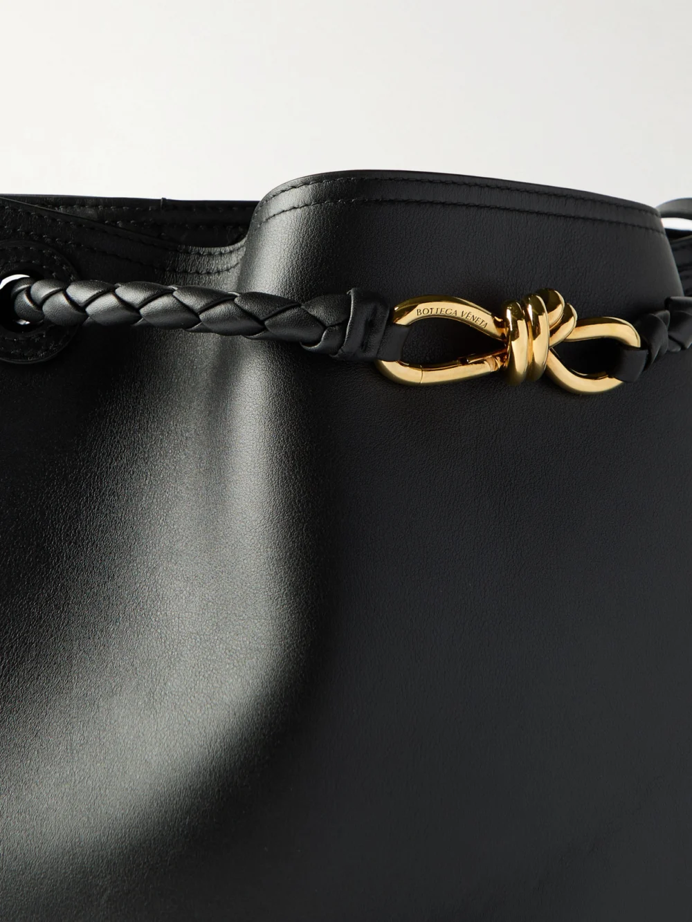 Close-up detail of the Bottega Veneta Andiamo Medium Leather Bucket Bag
