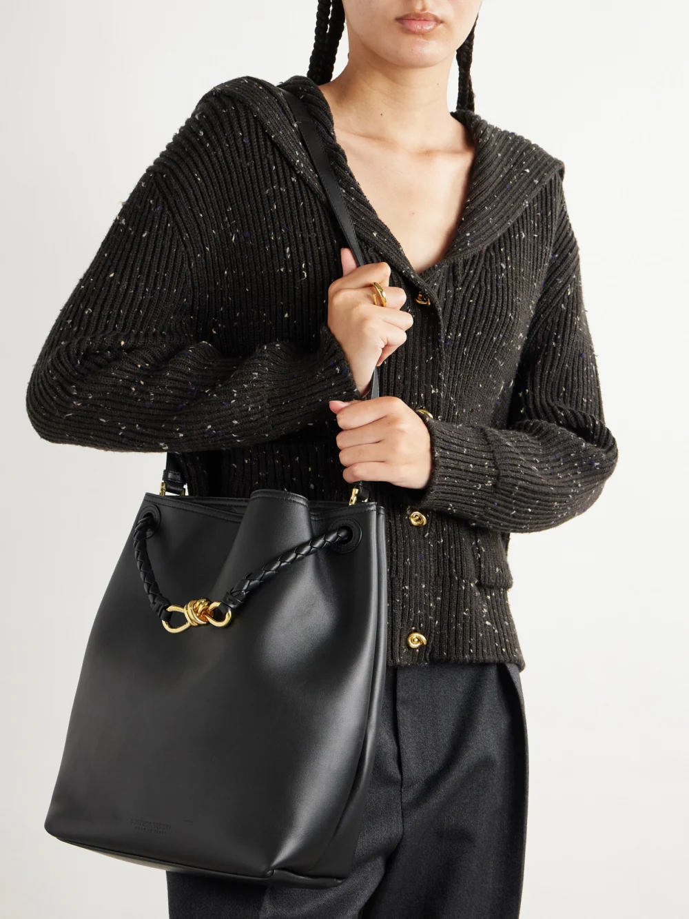 Bottega Veneta Andiamo Medium Leather Bucket Bag, styled view